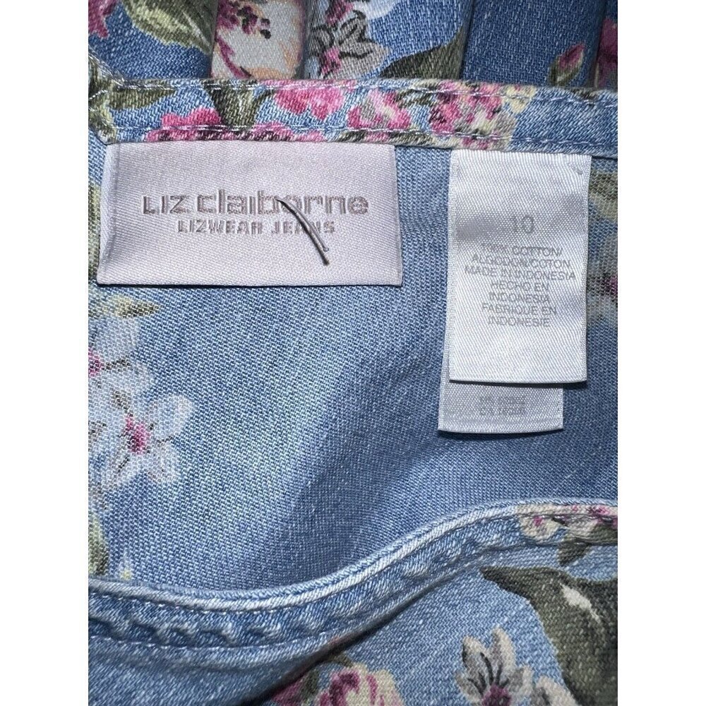 LIZ CLAIBORNE Y2K Jean Jumper Light Blue Pink Roses Cottagecore Dress Sz 10 - Picture 12 of 15